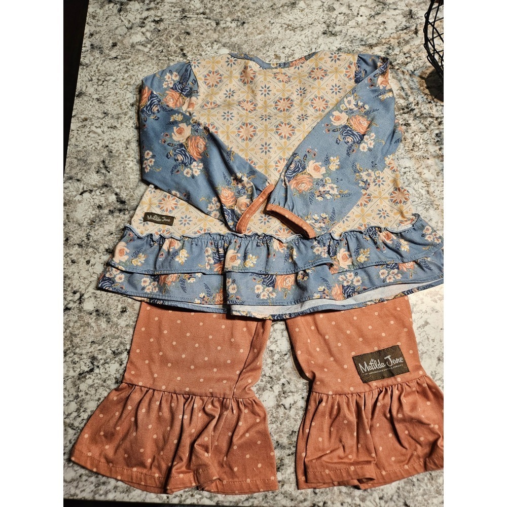 Matilda Jane Boho Girls Floral Polka Dot Ruffle Set Blue Coral Size 4